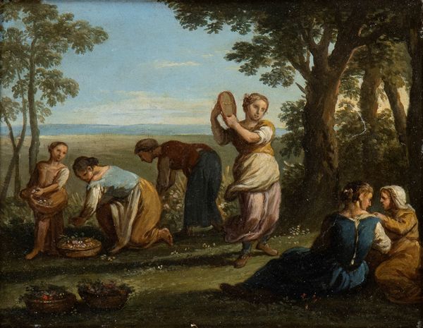Paolo Monaldi, Attribuito a : Contadine a riposo che raccolgono fiori  - Asta Dipinti, disegni e sculture dal XIV al XIX secolo - Associazione Nazionale - Case d'Asta italiane