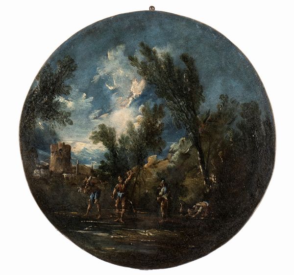 Antonio Francesco Peruzzini, Ambito di : Serie di quattro tondi raffiguranti paesaggi fluviali con figure ed edifici  - Asta Dipinti, disegni e sculture dal XIV al XIX secolo - Associazione Nazionale - Case d'Asta italiane