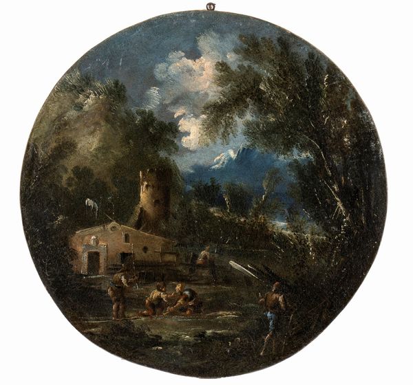 Antonio Francesco Peruzzini, Ambito di : Serie di quattro tondi raffiguranti paesaggi fluviali con figure ed edifici  - Asta Dipinti, disegni e sculture dal XIV al XIX secolo - Associazione Nazionale - Case d'Asta italiane