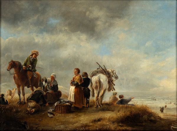 Philips Wouwerman, Scuola di : Scena costiera con venditrici di pesce e due cavalieri  - Asta Dipinti, disegni e sculture dal XIV al XIX secolo - Associazione Nazionale - Case d'Asta italiane