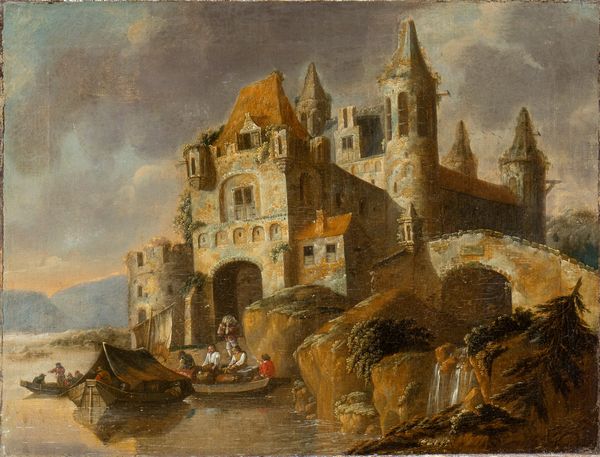 Artista olandese, XVIII - XIX secolo : Paesaggio con imbarcazioni e castello sulla riva di un fiume  - Asta Dipinti, disegni e sculture dal XIV al XIX secolo - Associazione Nazionale - Case d'Asta italiane