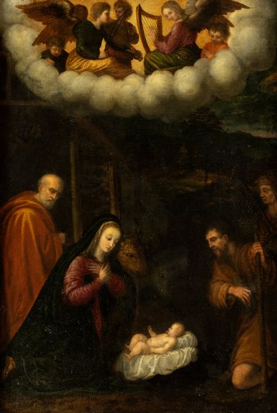 Artista lombardo, prima metà XVII secolo : Natività con concerto di angeli musicanti  - Asta Dipinti, disegni e sculture dal XIV al XIX secolo - Associazione Nazionale - Case d'Asta italiane