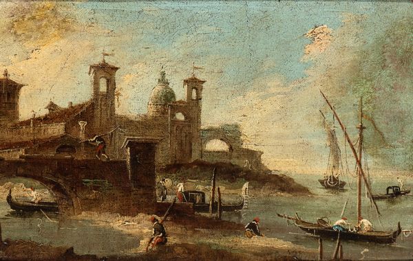 Francesco Guardi (Venezia, 1712 - 1793), Seguace di : Capriccio lagunare  - Asta Dipinti, disegni e sculture dal XIV al XIX secolo - Associazione Nazionale - Case d'Asta italiane