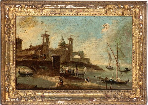 Francesco Guardi (Venezia, 1712 - 1793), Seguace di : Capriccio lagunare  - Asta Dipinti, disegni e sculture dal XIV al XIX secolo - Associazione Nazionale - Case d'Asta italiane