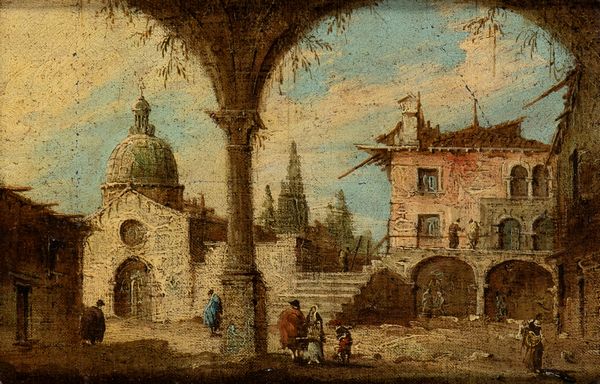Francesco Guardi (Venezia, 1712 - 1793), Seguace di : Capriccio veneziano  - Asta Dipinti, disegni e sculture dal XIV al XIX secolo - Associazione Nazionale - Case d'Asta italiane