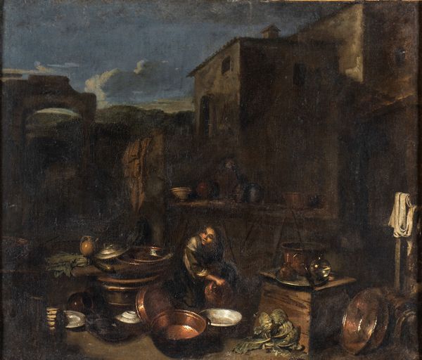 Gian Domenico Valentino, Attribuito a : Venditrice di suppellettili di rame  - Asta Dipinti, disegni e sculture dal XIV al XIX secolo - Associazione Nazionale - Case d'Asta italiane