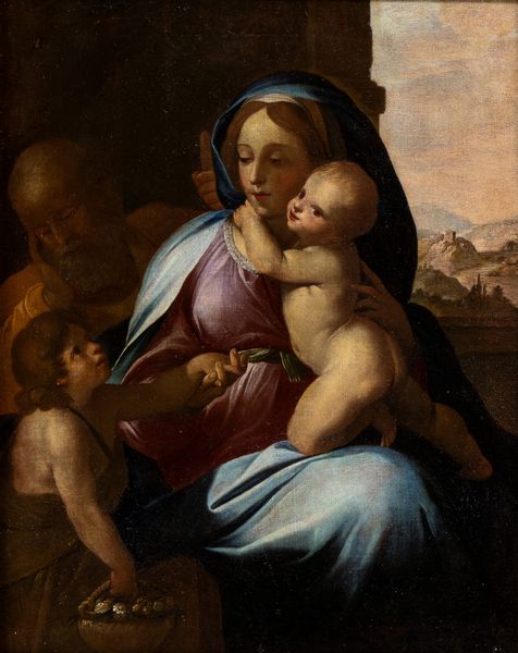 Artista emiliano, inizio XVII secolo : Sacra Famiglia con San Giovannino  - Asta Dipinti, disegni e sculture dal XIV al XIX secolo - Associazione Nazionale - Case d'Asta italiane