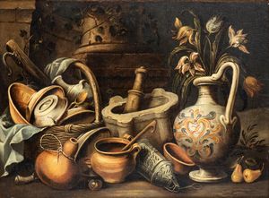 Antonio Calza , Attribuito a - Natura morta con stoviglie, mortaio e vaso di fiori