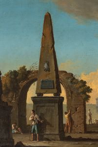 Artista veneto, XVIII secolo : Capriccio costiero con ruderi, figure e l'isola di San Giorgio sullo sfondo  - Asta Dipinti, disegni e sculture dal XIV al XIX secolo - Associazione Nazionale - Case d'Asta italiane