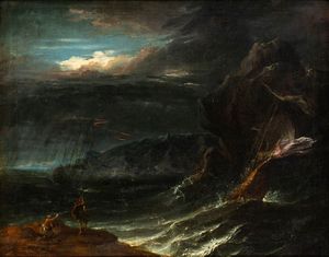 Antonio Francesco Peruzzini, Attribuito a - Marina in tempesta con imbarcazioni e due figure in primo piano