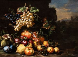 Tommaso Realfonso Masillo - Natura morta di uva, fichi, pesche e melograni in un paesaggio