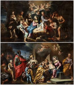 Artista attivo a Roma, inizio XVIII secolo - a) NativitÃ ; b) Adorazione dei pastori. Coppia di dipinti