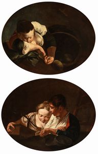 Giovanni Battista Piazzetta, e aiuti - a) Contadinella addormentata con cesto di frutta; b) Due fanciulli che accordano uno strumento musicale. Coppia di dipinti.