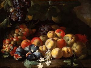 Luca Forte , Attribuito a - Natura morta di mele, pesche, uva e fichi