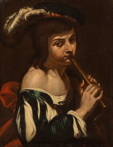 Angelo   Caroselli, Ambito di - Suonatore di flauto con cappello piumato