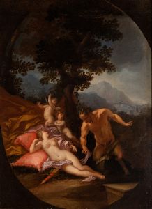 Artista attivo a Roma, seconda metà del XVII secolo - Venere dormiente insidiata da un satiro