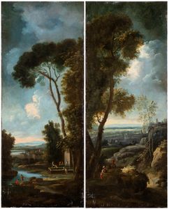 Paolo Anesi, Ambito di - a) Paesaggio con corso d'acqua e lavandaie al fontanile; b) Paesaggio con figure e cittÃ  sullo sfondo. Coppia di dipinti