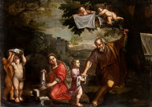 Francesco  Albani, Ambito di - Sacra Famiglia e angeli che lavano i panni al fiume