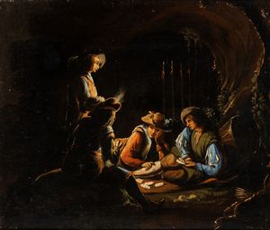 Artista lombardo, prima metà XVIII secolo - Giocatori di carte in un paesaggio notturno