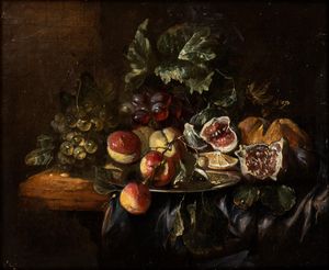 Abraham  Brueghel , Cerchia di - Natura morta di uva, fichi e pesche