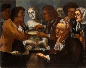 Artista lombardo, XVIII secolo - Intervento di chirurgia alla testa nella bottega del barbiere