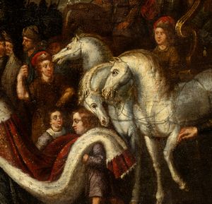 Artista fiammingo, prima metà XVII secolo : La riconciliazione tra Giacobbe ed Esaù  - Asta Dipinti, disegni e sculture dal XIV al XIX secolo - Associazione Nazionale - Case d'Asta italiane