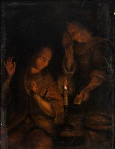 Godfried Schalcken, Attribuito a - Interno a lume di candela con due figure femminili