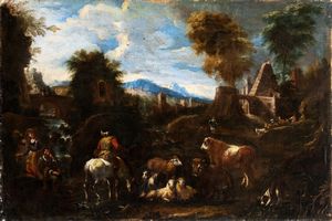 Artista genovese, XVII secolo - Paesaggio con pastori e armenti