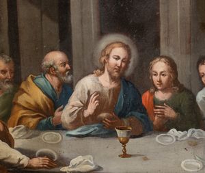 Artista emiliano, prima metà XVII secolo : Ultima cena  - Asta Dipinti, disegni e sculture dal XIV al XIX secolo - Associazione Nazionale - Case d'Asta italiane