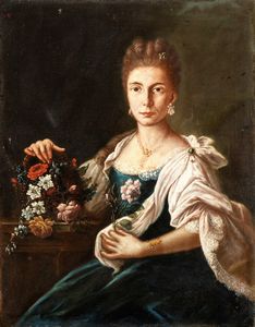 Artista napoletano, XVIII secolo - Ritratto di gentildonna con bouquet di fiori e gioielli
