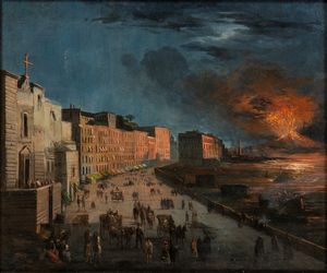 Artista attivo a Napoli, XIX secolo - Veduta dell'eruzione del Vesuvio dal lungomare di Napoli