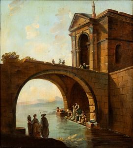 Hubert Robert, Cerchia di - Paesaggio con ponte e lavandaie