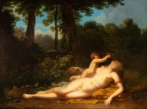 Jacques Antoine Vallin, Attribuito a - Venere e Amore in un paesaggio cassico