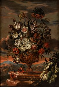 Artista fiammingo, fine XVII - inizio XVIII secolo - Bouquet di fiori su un vaso metallico in un paesaggio