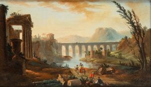Artista attivo a Roma, XVIII secolo - Veduta laziale di fantasia con ruderi, tempio corinzio, tempietto circolare, acquedotto e figure