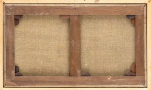 Artista attivo a Roma, XVIII secolo : Veduta laziale di fantasia con ruderi, tempio corinzio, tempietto circolare, acquedotto e figure  - Asta Dipinti, disegni e sculture dal XIV al XIX secolo - Associazione Nazionale - Case d'Asta italiane