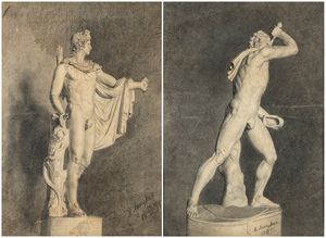 Artista russo, seconda metà XIX secolo - a) Apollo del Belvedere; b) Galata suicida o Galata Ludovisi. Coppia di disegni