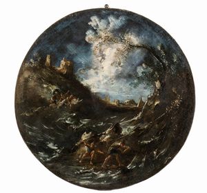Antonio Francesco Peruzzini, Ambito di : Serie di quattro tondi raffiguranti paesaggi fluviali con figure ed edifici  - Asta Dipinti, disegni e sculture dal XIV al XIX secolo - Associazione Nazionale - Case d'Asta italiane