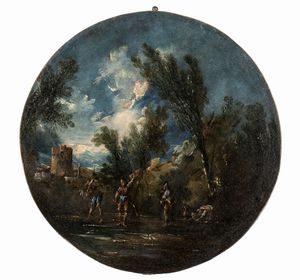 Antonio Francesco Peruzzini, Ambito di : Serie di quattro tondi raffiguranti paesaggi fluviali con figure ed edifici  - Asta Dipinti, disegni e sculture dal XIV al XIX secolo - Associazione Nazionale - Case d'Asta italiane