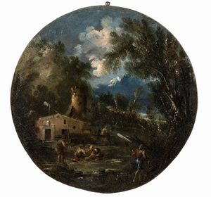 Antonio Francesco Peruzzini, Ambito di : Serie di quattro tondi raffiguranti paesaggi fluviali con figure ed edifici  - Asta Dipinti, disegni e sculture dal XIV al XIX secolo - Associazione Nazionale - Case d'Asta italiane