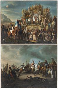 Artista francese, XIX secolo - a) Napoleone distribuisce le prime insegne della Legion d'Onore Imperiale ai campi di Boulogne, 16 agosto 1804; b) Joachim Murat e Napoleone nella battaglia di Austerlitz. Coppia di dipinti