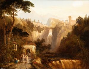 George Clarkson Stanfield, Attribuito a - Paesaggio laziale con cascata, ponte, borgo e zampognari di fronte a un'edicola votiva  (Veduta fantasiosa di Tivoli?)