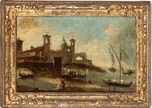 Francesco Guardi (Venezia, 1712 - 1793), Seguace di : Capriccio lagunare  - Asta Dipinti, disegni e sculture dal XIV al XIX secolo - Associazione Nazionale - Case d'Asta italiane