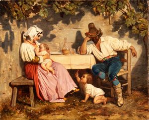 Artista nord-europeo attivo a Roma, XIX secolo - Famiglia di contadini al desco