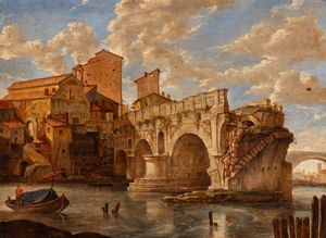Artista attivo a Roma, XVIII - XIX secolo - Veduta del Ponte Rotto sul Tevere con la chiesa di San Salvatore de Pede Pontis