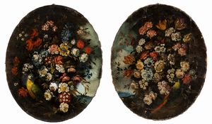 Artista italiano, XVIII - XIX secolo - Coppia di natura morta di fiori con pappagalli