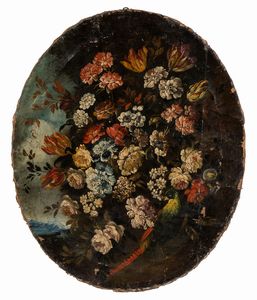 Artista italiano, XVIII - XIX secolo : Coppia di natura morta di fiori con pappagalli  - Asta Dipinti, disegni e sculture dal XIV al XIX secolo - Associazione Nazionale - Case d'Asta italiane