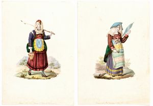 Artista italiano, XIX secolo - a) Donna in abiti tradizionali abruzzesi con cesto di funghi; b) Donna i abiti tradizionali abruzzesi con rocca e fuso. Coppia di disegni