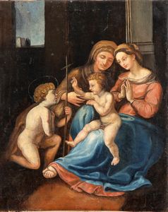Anonimo seguace di Raffaello, XVIII - XIX secolo - Sacra Famiglia con San Giovannino e Sant'Anna