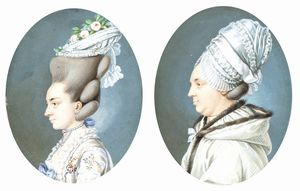 Carl Friedrich Holtzmann - a) Ritratto di profilo di gentildonna con cuffia; b) Ritratto di profilo di giovane gentildonna con orecchini e collana. Coppia di miniature